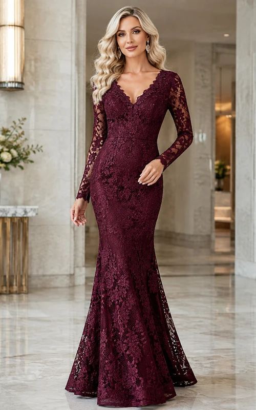 Elegante vestido largo de encaje color borgoña con escote en V, mangas ilusión y largo hasta el suelo, estilo sirena, ideal para madres.