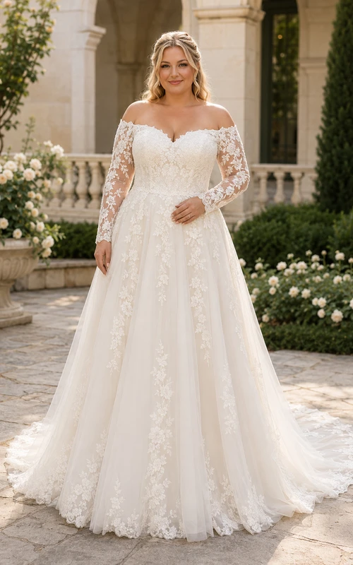 Robe de mariée grande taille à manches longues en dentelle, coupe trapèze