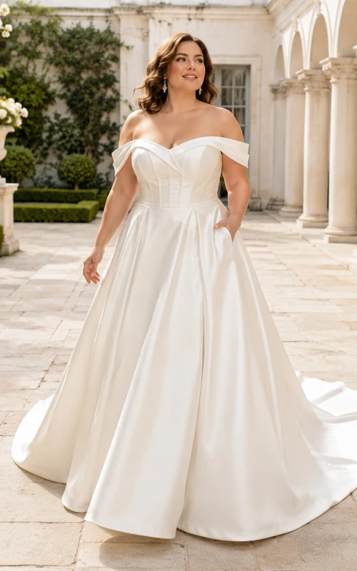 Robe de mariée grande taille en satin à épaules dénudées, manches courtes et traîne chapelle