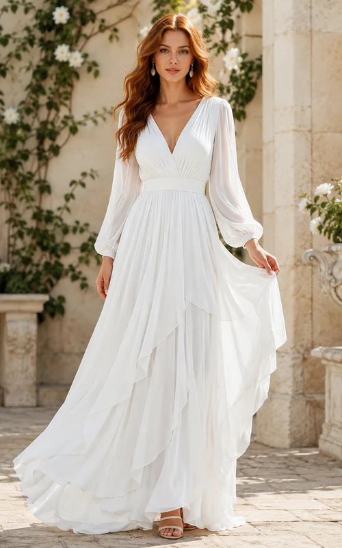 Robe de mariée bohème en mousseline drapée, col en V, manches bouffantes, coupe trapèze, style champêtre romantique