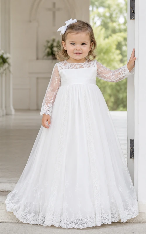 Long Sleeve Lace Bodice Baby Christening A-Line Bow Back Gown Modest