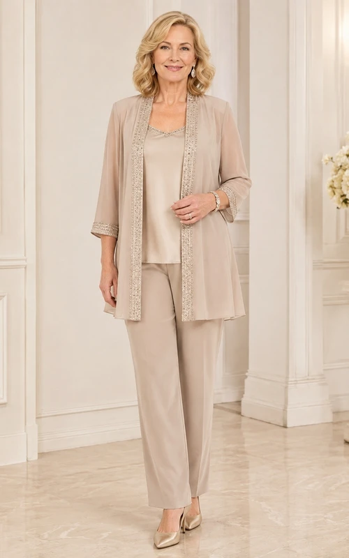 Conjunto de pantalón formal de tres piezas color topo para novias mayores con estilo discreto.