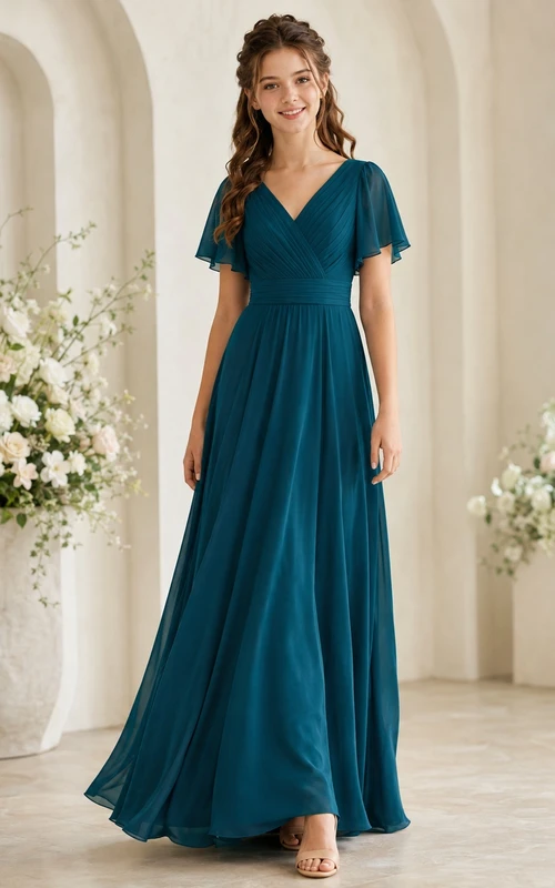 Vestido de dama de honor juvenil Peacock, corte en A, escote en V, manga corta, elegante y formal.