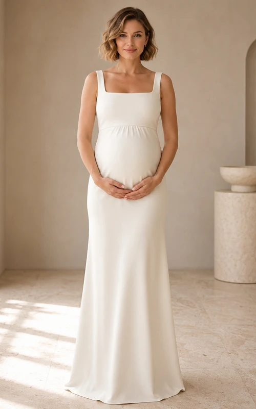 Vestido de maternidad sencillo, largo hasta el suelo, de satén elástico y corte recto, color marfil.