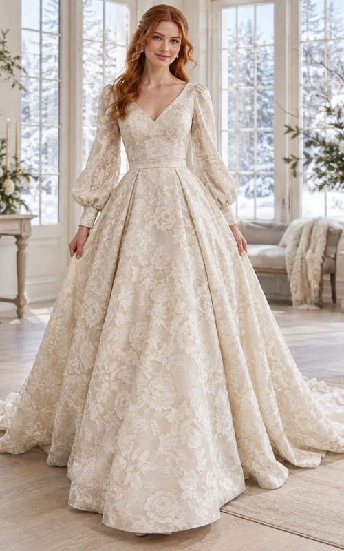 Vestido de novia de baile de brocado floral con escote en V y mangas abullonadas largas