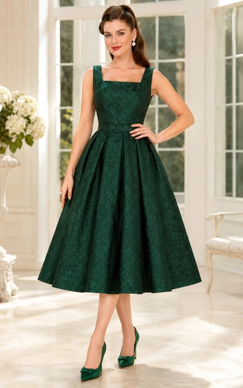 Vintage Dark Green Tea-Length Square Neck Brocade A-Line 1950s Cocktail Dress