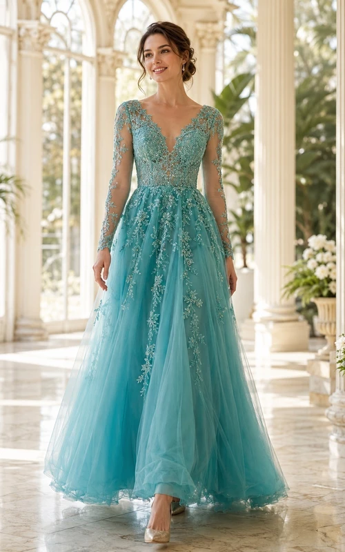 Langärmeliges, türkisfarbenes Brautkleid aus Illusionsspitze und Tüll in A-Linie, knöchellang
