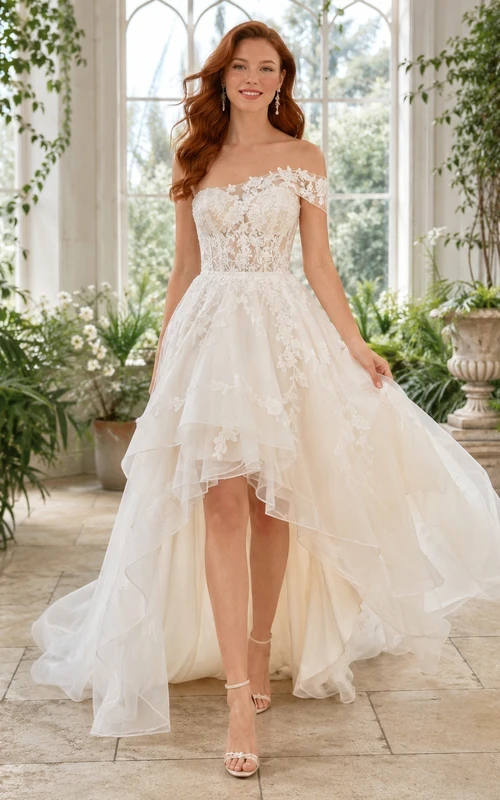 Romantic Lace Off Shoulder Tulle High-Low A-Line Bridal Dress