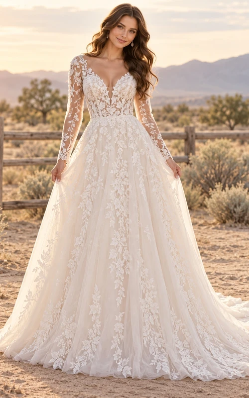 Western Long Sleeve V-neck Floral Applique A-Line Wedding Dress