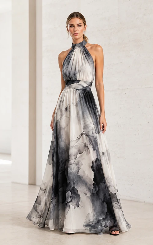 Black Ink Wash Halter Chiffon A-Line Maxi Evening Dress