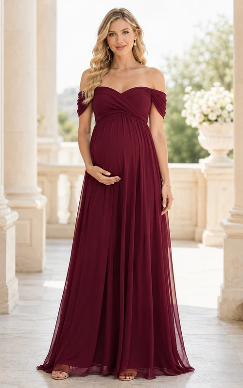 Burgundy Chiffon Short Sleeve Empire Off Shoulder Floor Length Maternity Dress