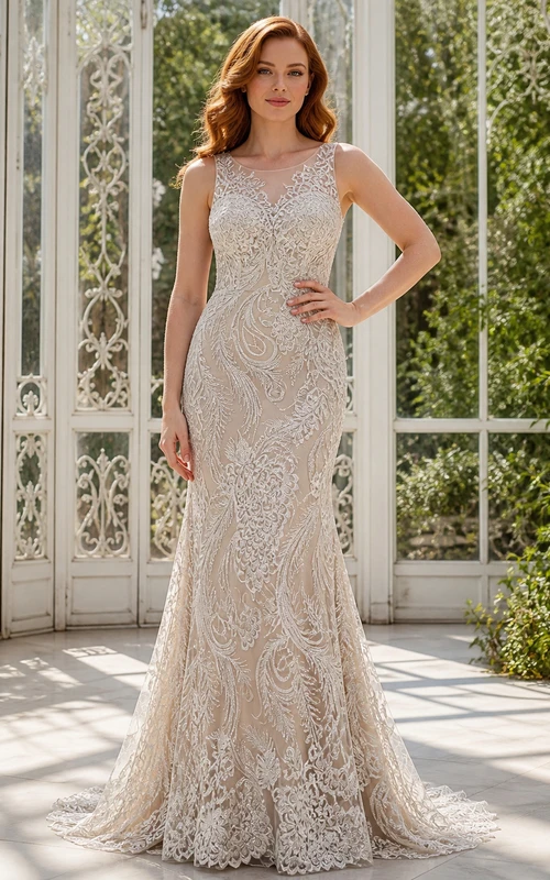 Vestido de novia modesto estilo sirena, sin mangas, con cuello alto y encaje festoneado