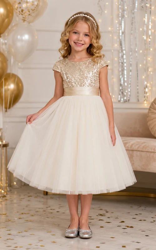 Elegant Adorable Flower Girl Dress Bateau Cap Sleeve Satin Tulle Tea Length Bow Waist
