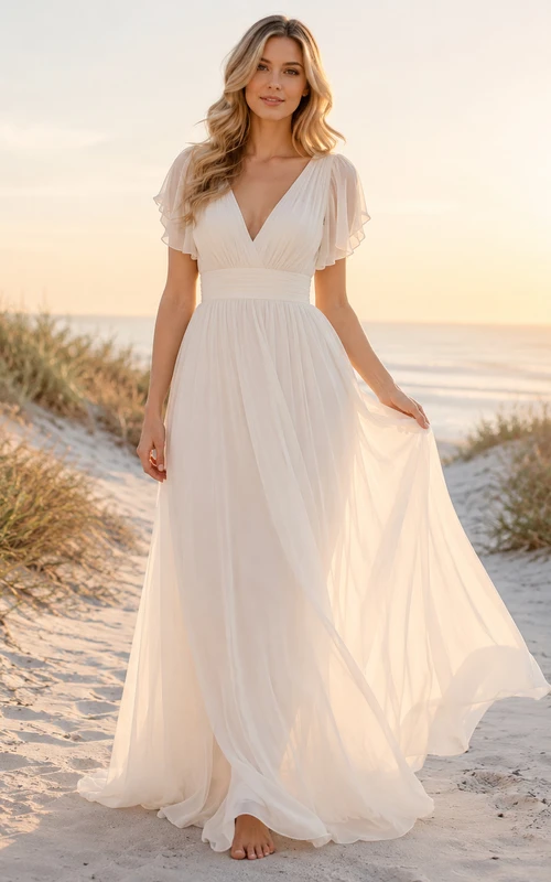 Robe de mariée bohème en mousseline, col en V, manches papillon, coupe empire, longueur au sol, idéale pour la plage
