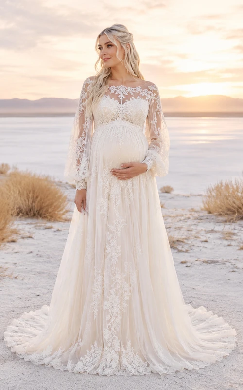Robe de mariée de maternité à col montant et manches longues en dentelle pour un mariage au bord du lac
