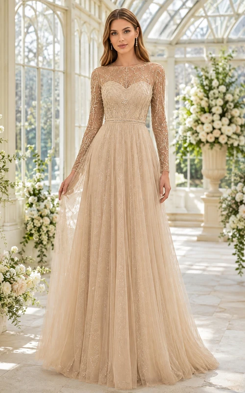 Champagnerfarbenes, hochgeschlossenes Abendkleid mit Illusionsärmeln, Perlenbesatz, Spitze und Tüll in A-Linie – Luxus