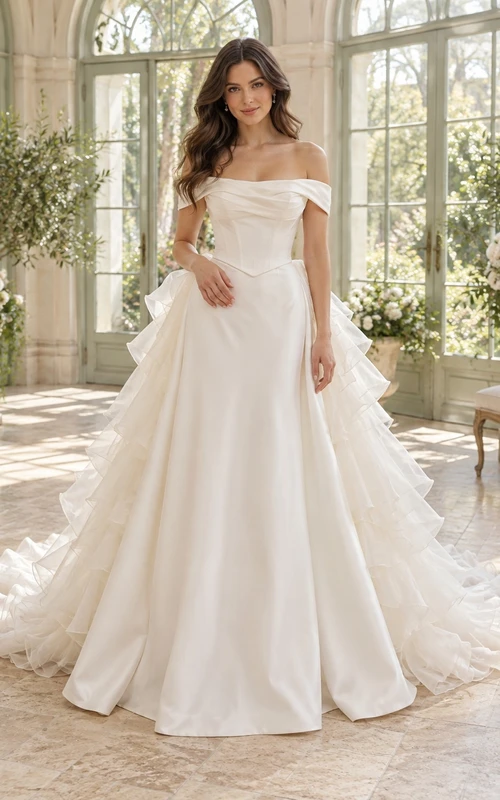 Schulterfreies Satin-Ballkleid mit kaskadenförmigen Organza-Rüschen