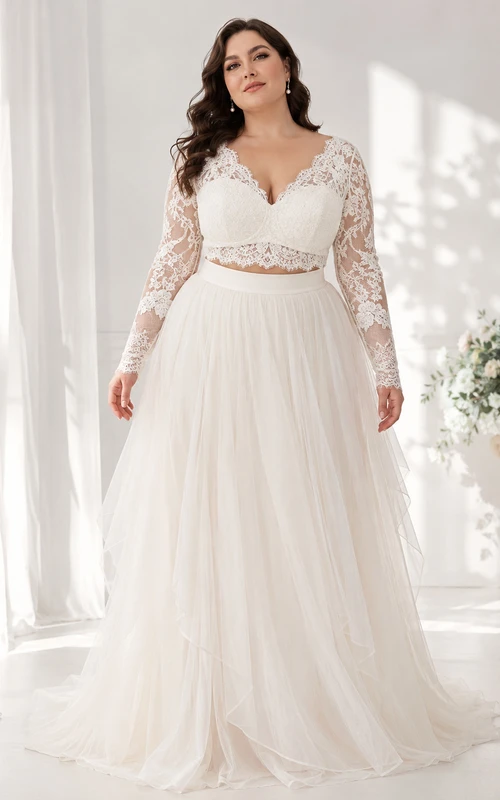 Plus Size Long Sleeve Lace Top Tulle Studio Bridal Set