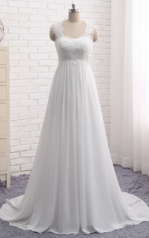 Elegantes A-Linien-Chiffon-Empire-Brautkleid aus Queen-Anne-Spitze mit Schlüssellochausschnitt und Schnürung