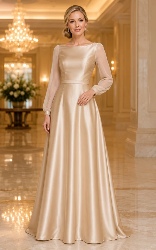 Champagne Jewel Neck Long Sleeve Satin A-Line Floor-length Formal Gown