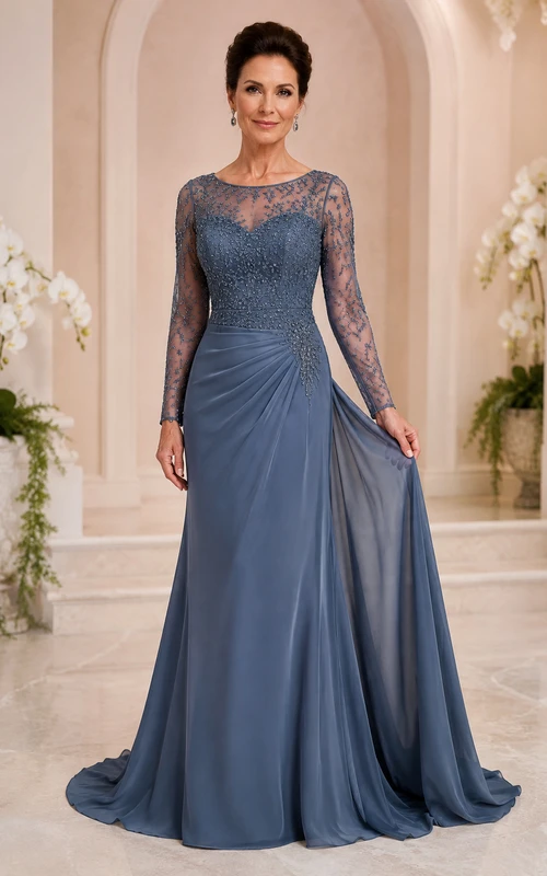MOB-Kleid, stahlblau, Chiffon, Spitze, A-Linie, lange Ärmel, U-Boot-Ausschnitt, bodenlang, drapiert