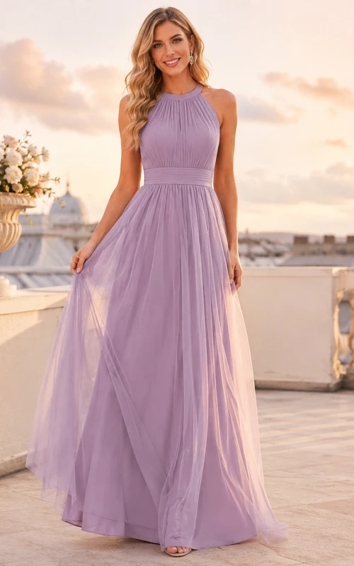 Lavender Sleeveless High Neck Floor-Length Chiffon A-Line Dress
