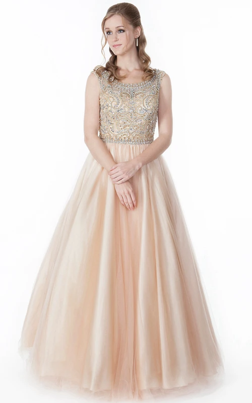 Robe de bal trapèze longue jusqu'au sol, col rond, sans manches, ornée de perles, en tulle et satin, avec plis