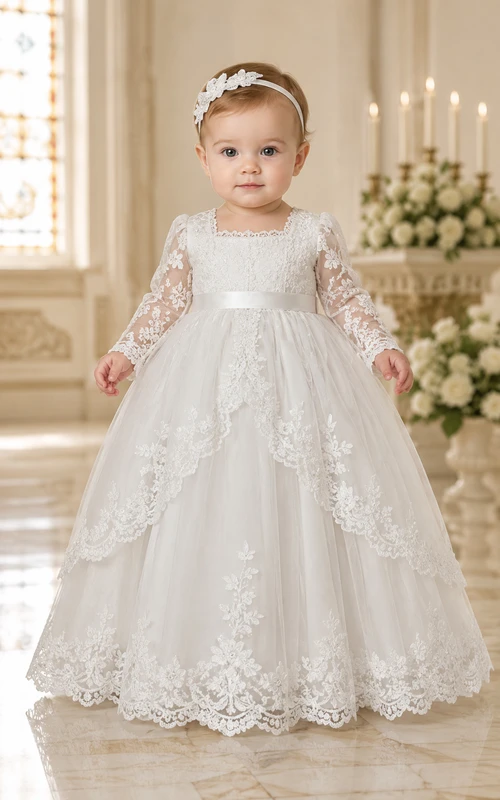 Baby Christening Gown Modest Princess Ball Gown Long Sleeve Illusion Tulle Lace Floor-Length with Bow Sash in White
