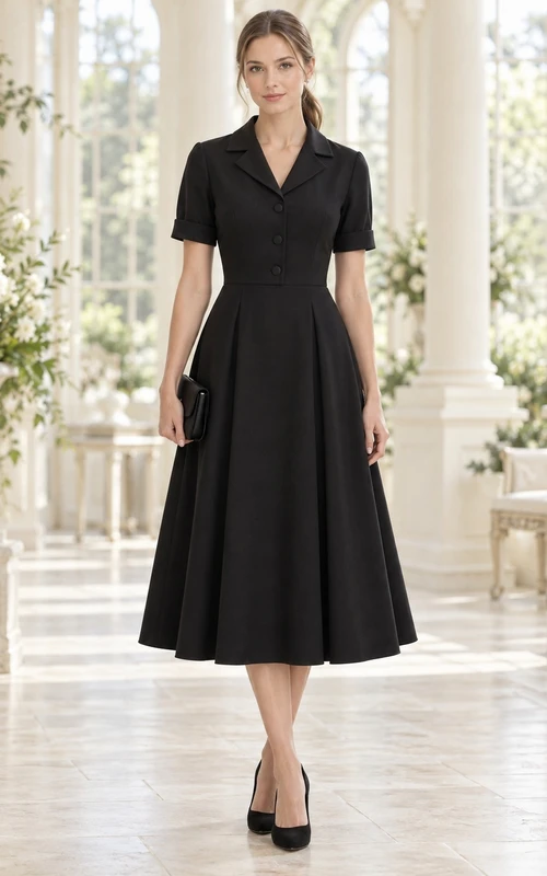 Vestido midi sencillo y discreto de corte A con cuello con solapas y botones en la parte delantera.
