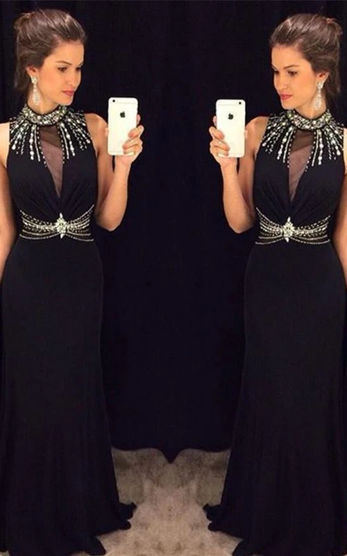 Zartes schwarzes Meerjungfrauen-Abendkleid mit Kristallen, hohem Kragen und ärmellos