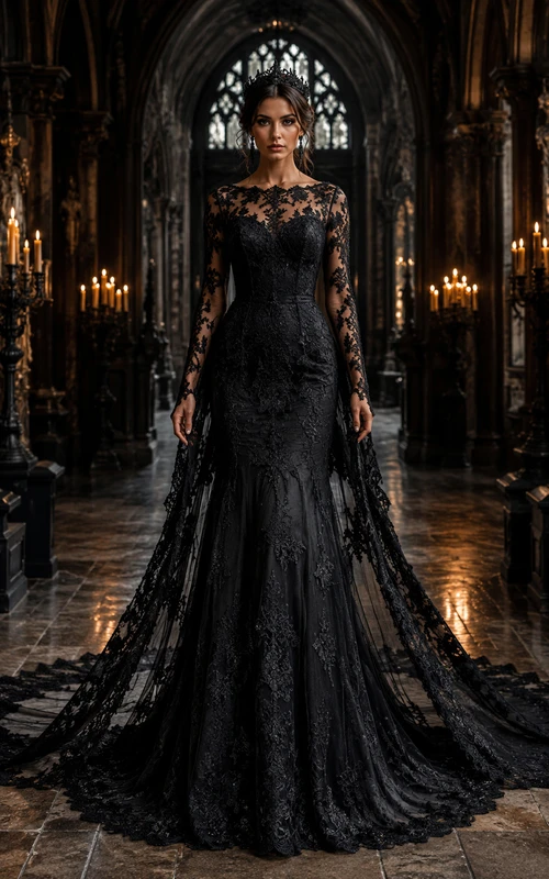 Black Long Sleeve Lace Cape Mermaid Wedding Dress
