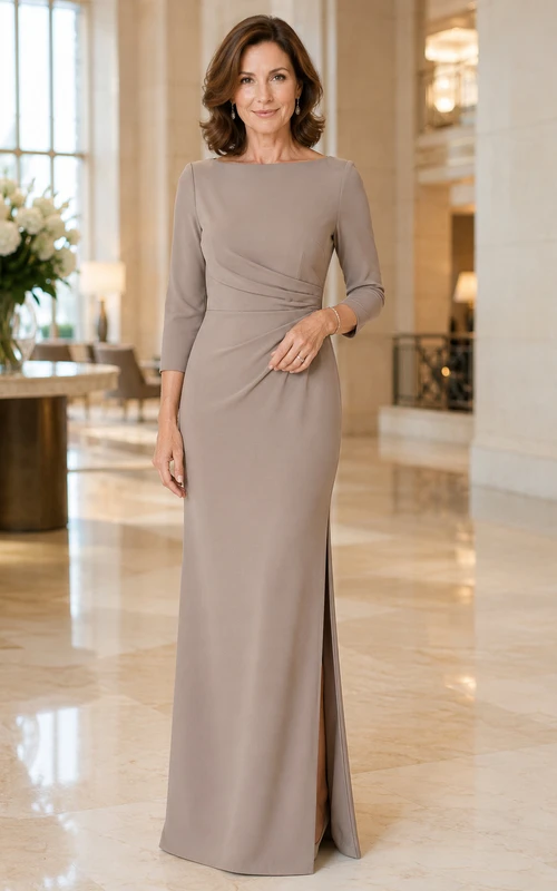 MOB Kleid, taupefarbenes Jersey-Stretch-Satin-Etuikleid, 3/4-Ärmel, U-Boot-Ausschnitt, bodenlang mit Schlitz