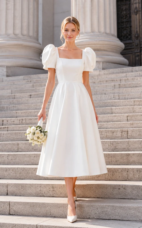 Simple Square Neck Puff Sleeve Satin Tea Length Courthouse Wedding Dress
