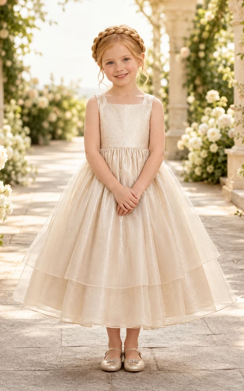 Champagne Elegant A-Line Organza Flower Girl Dress Sleeveless Scoop Neck Floor-Length Soft Layers