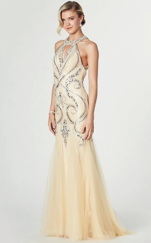 Robe de bal sirène en tulle sans manches à col montant et dos illusion, ornée de cristaux et d'un col montant.