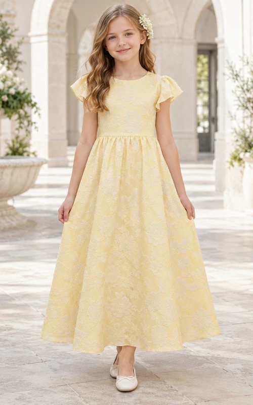 Yellow Floral Bateau Flutter Sleeve Jacquard A-line Flower Girl Dress