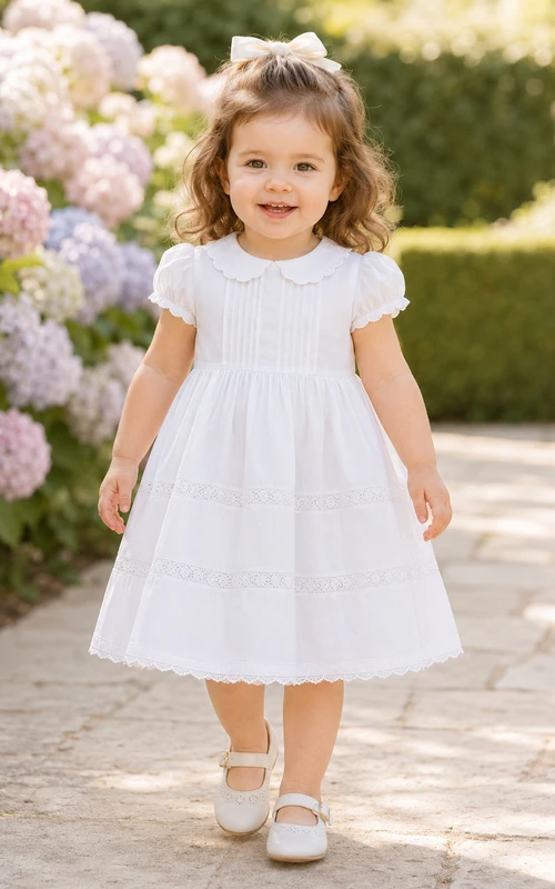 Smocked Cotton Batiste Baby Christening A-Line Puff Sleeve Dress Simple Adorable Casual Jewel Short Sleeve