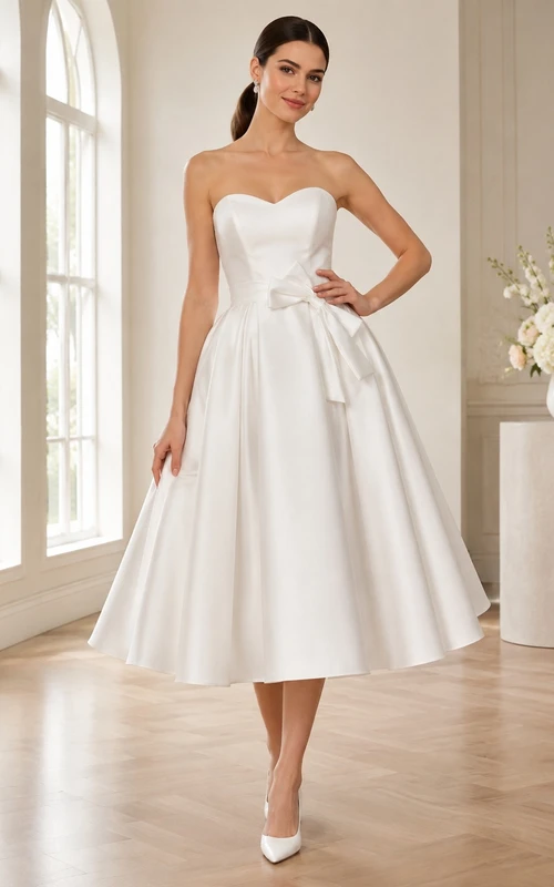 White Satin Sweetheart Sleeveless Bowed A-Line Tea-Length Elegant Dress