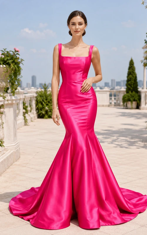 Robe de mariée sirène en satin fuchsia à bretelles carrées et traîne balayée, col carré