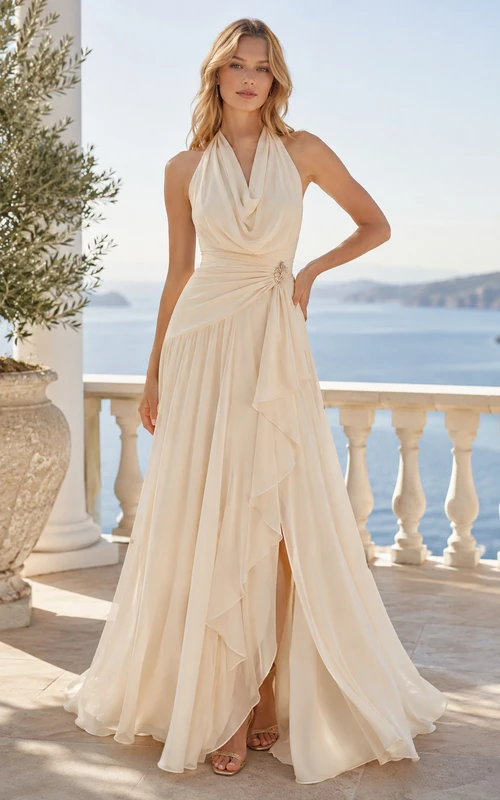 Robe de soirée ivoire en mousseline de soie, coupe trapèze, dos nu et fente.
