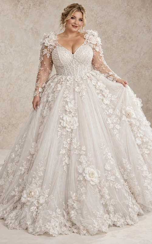Vestido de novia de talla grande con escote en V, manga larga y estampado floral, con cola de tul bordada.