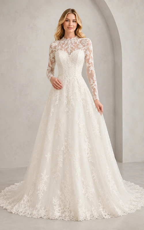 Robe de mariée de bal en dentelle à manches longues, style modeste illusion