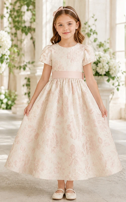 Sencillo vestido de niña de flores de tul con corte en A, cuello joya, falda a media pierna y falda plisada.