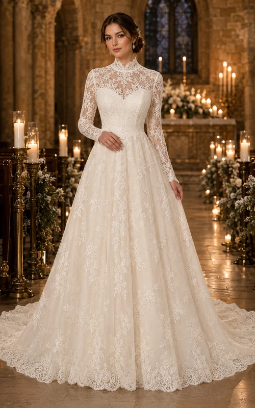 Robe de mariée trapèze à col montant et manches en dentelle, style hiver modeste