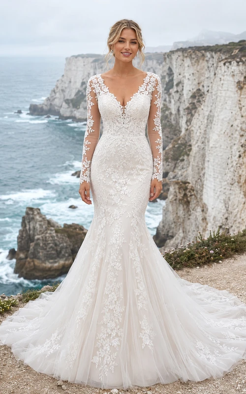 Brautkleid im Meerjungfrauenstil aus Spitze und Tüll mit trägerlosem Herzausschnitt, Schleppe und tiefem V-Ausschnitt am Rücken