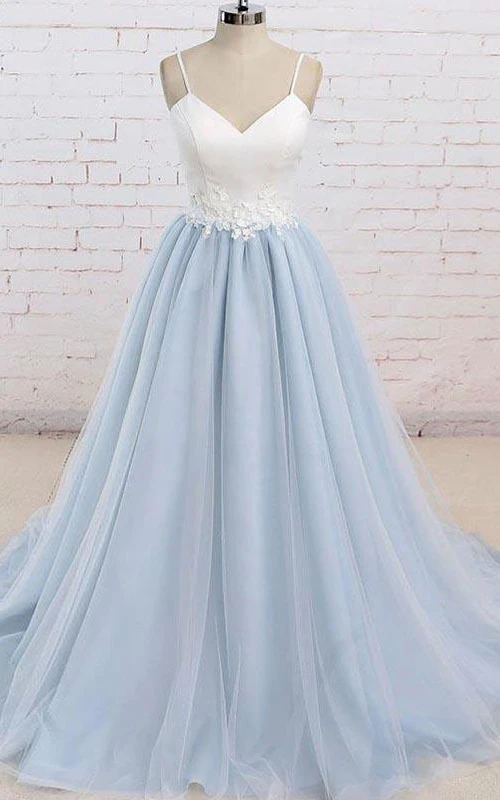 Satin-Tüll-Abendkleid, bodenlang, mit Schleppe, A-Linie, ärmellos, lässig, mit Applikationen