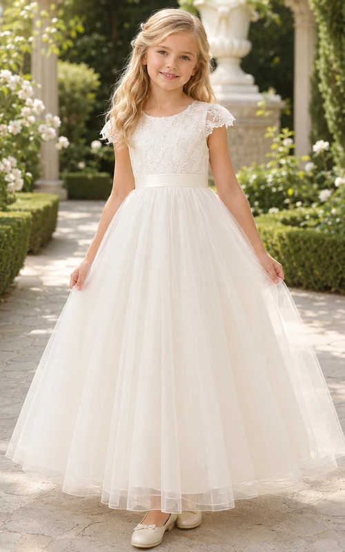Flower Girl Dress Ivory Lace Tulle A-Line Cap Sleeve Scoop Neck Tea Length