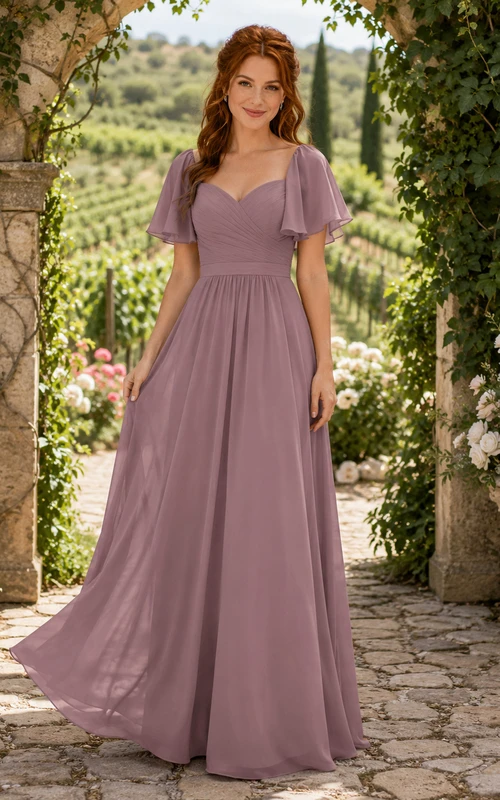 Mauve Chiffon A-Line V-Neck Flutter Sleeve Pleated Low Back Floor-Length Bridesmaid Dress