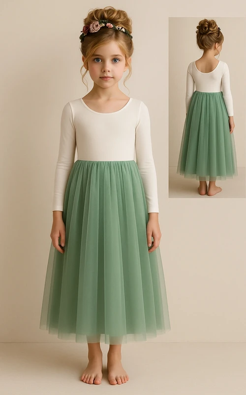 Zweifarbiges grünes Blumenmädchenkleid mit Rundhalsausschnitt und langen Ärmeln