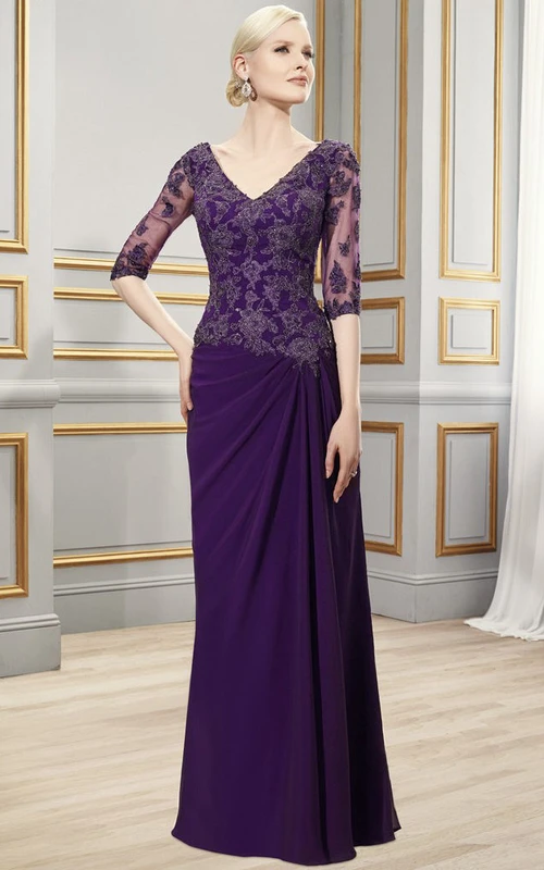 Floor-Length V-Neck Half Sleeve Appliqued Chiffon Formal Dress With Draping